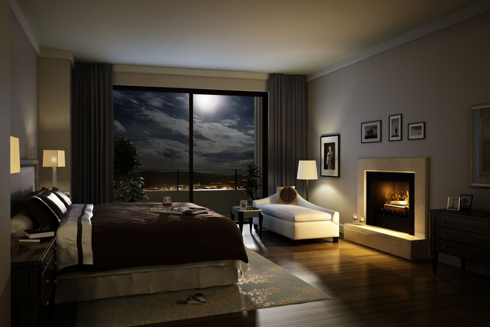 Большая комната с очагом и панорамным окном